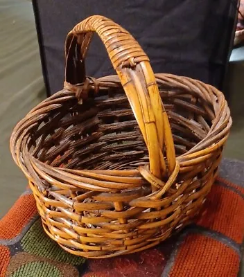 Vintage Antique Woven Wicker Oval Gathering Harvest Basket W/ Wrapped Handle • $19.99