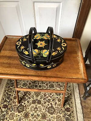 Vintage Tin Box Sewing Basket Double Swing Handle Black Green Orange Floral • $25