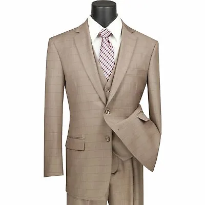 VINCI Men's Tan Windowpane Plaid 3 Piece 2 Button Classic Fit Suit NEW • $130