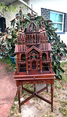 Beautiful Large Rare Antique Cathedral Hand Crafted Wood Bird House Cage & Stand • $1750