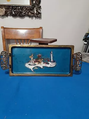 Vintage Brass Green Enamel Jewish Serving Tray Made In Israel 18 1/2  X 7 1/2 • $15