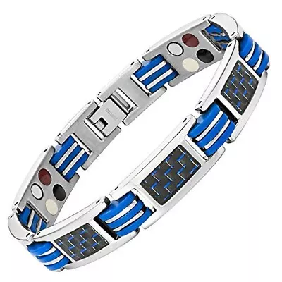 8.5  Mens Magnetic Steel Bracelet Silver Blue Links Black Carbon Fiber Fancy Box • $49.95