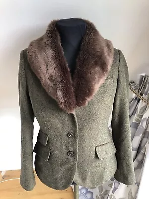 Joules Cressida Fur Tweed Jacket  UK12 Herringbone Wool Hacking Blazer VGC • $74.64