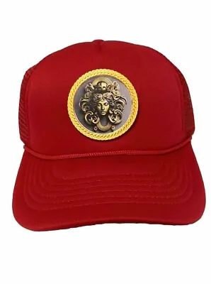 Red Gold Framed Medusa Greek Hat  - Gold Cuban Link  Frame Custom Cap Versac • $28.47