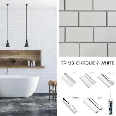 £3.02 • Buy White Tile Effect Wall Panel Bathroom Shower Cladding & White / Chrome Trims