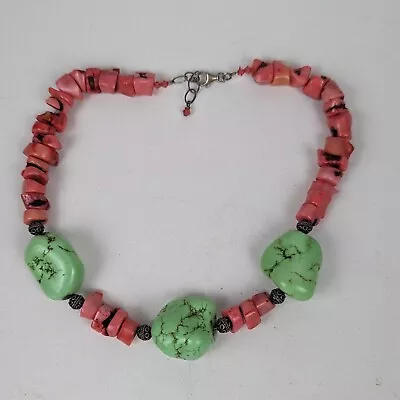 Vintage 16  Green Turquiose And Coral Chunky Necklace • $29.50