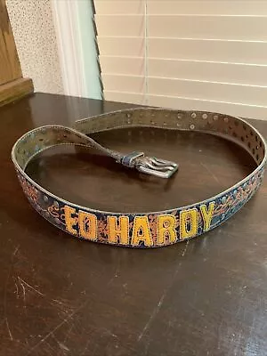 Vintage ED HARDY Studded Printed Leather Men's Belt With Silver Buckle 47” Long • $35