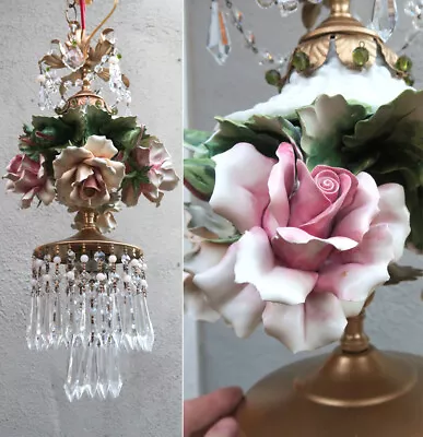 LG Porcelain ROSE Beaded Chandelier SWAG Lamp Capodimonte Vintage Crystal Brass • $692.42