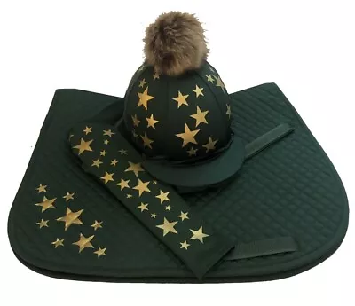 Bottle Green/ Gold Cross Country Colours Horse Riding Set Faux Fur PomPom • £89.60