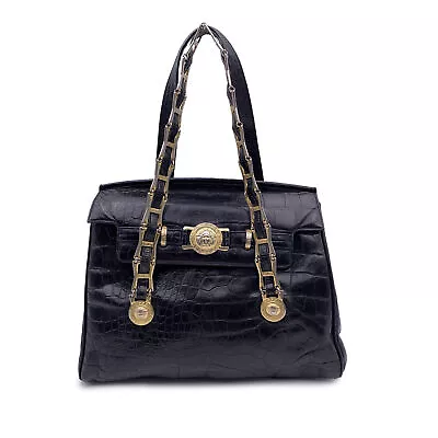 Authentic Gianni Versace Vintage Embossed Black Leather Medusa Handbag • $270