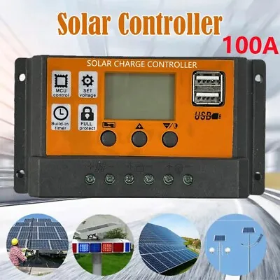 100A Solar Panel Battery Charge Controller 12V/24V LCD Regulator Auto Dual USB • $9.89