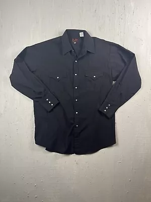 Plains Western Wear Pearl Snap Shirt Men L Black Long Sleeve Rockabilly Vintage • $13.98