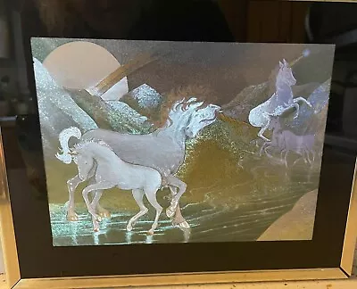 Vintage Foil Metallic Unicorn Picture Framed Mystical Creature 80’s Silver Blue • $18.99