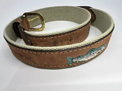 Zeppelin Fly Fishing Leather Embroidered Fish Woven Belt Solid Brass Mens 32  • $19.99