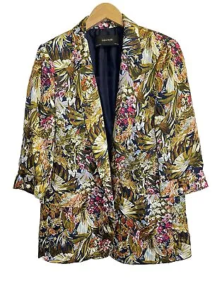 Zara Blazer Size L Tropical Floral Satin Jacket 3/4 Sleeve Pearl Open Front • $22.14