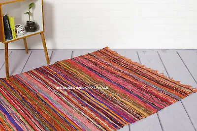 Orange Color Chindi Area Fair Trade Rag Rug Loomed Cotton Recycle Mat 105x170cm • £28.79
