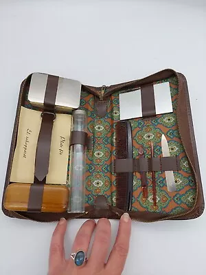 Vintage Travel Grooming Kit Brown Vinyl Zip Case All Original FREE Shipping! • $19.99