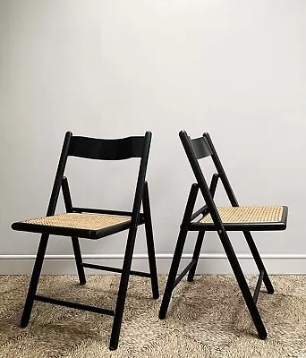 Vintage Habitat Black Folding Dining Chairs Rattan Seats 1980s Set Of 2 • £145