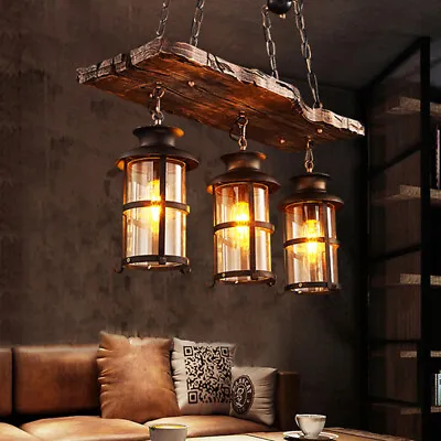 Farmhouse Loft Rustic 3-Light Chandelier Wood Pendant Ceiling Light Fixture Lamp • $90