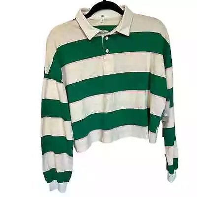 BP Nordstrom Sz S Green White Pink Rugby Stripe Crop Knit Polo Top • $14.85