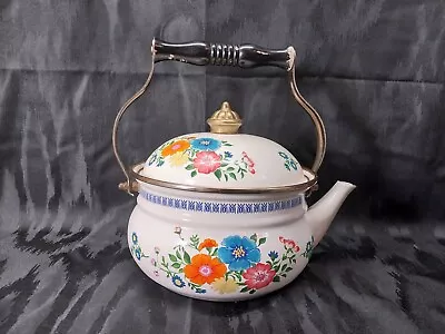 Vintage Floral Enamel Tea Kettle Elegant Stovetop Teapot Handle Homestead • $15