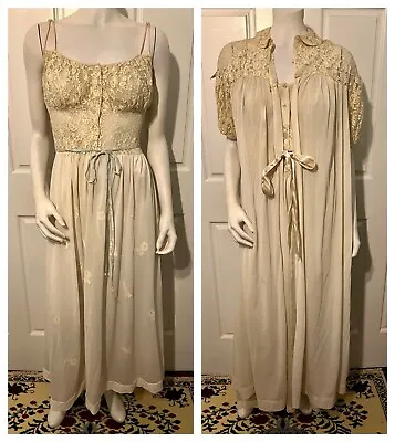 Vintage 1950s Eye-Ful Ivory Nylon Lace Peignoir Set Long Nightgown Robe Sz L • $90