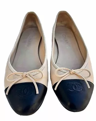 Chanel Lambskin Beige/Black Classic Ballet Flats Size 38.5 • £414.41