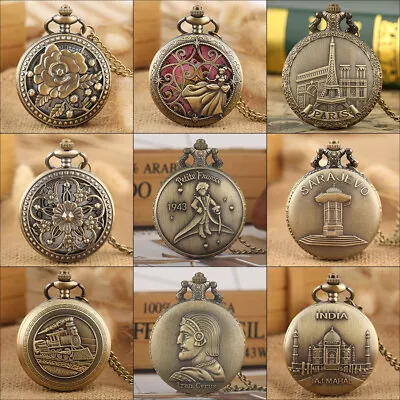 Men Women Steampunk Bronze Quartz Analog Pocket Watch With Necklace Chain Gifts • £4.79