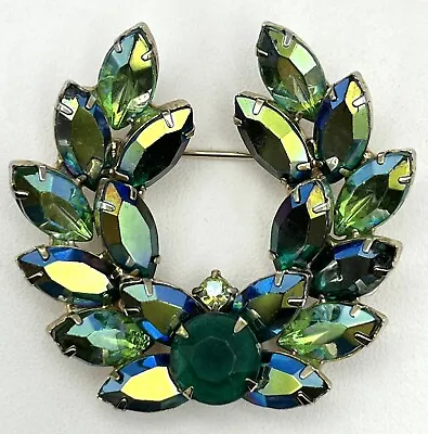 Vintage AB Blue/Green MARQUISE Rhinestone LAUREL LEAF Brooch PEACOCK 🦚 COLORS • $24.98