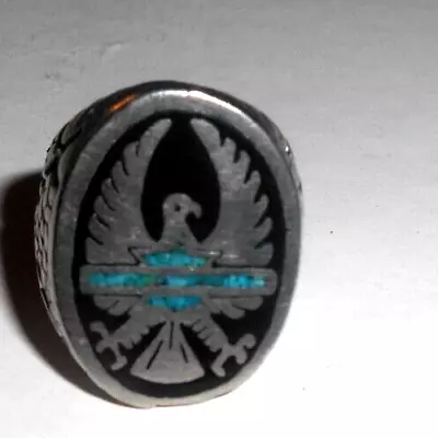 Vintage Harley Davidson Eagle W/Turquoise Shield Black Inlay Ring Size 7 • $23