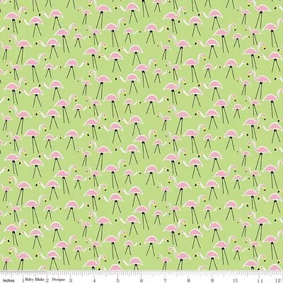 100% Cotton Fabric Gnome And Gardens By Riley Blake Green Flamingos Per Metre • £7