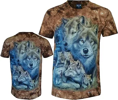 £14.99 • Buy Wolves & Cute Pups Cabin Mountain Glow In Dark Wolf Pack Tie Dye T-Shirt By Wild