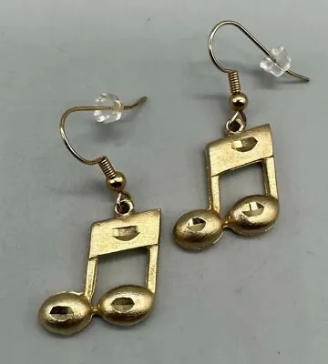 Music Note Earrings Gold Tone Pierced Dangling Costume Jewelry 1.5 Inch • $12.74