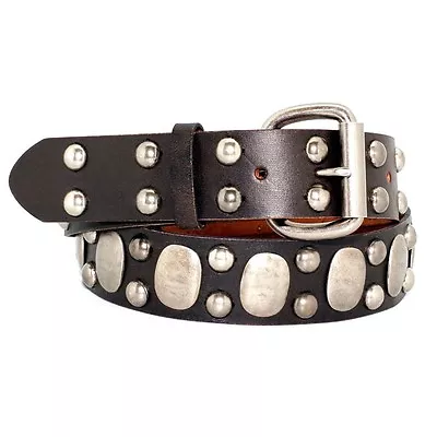 90060-BRN-Unisex Punk Antique Silver Studded Dark Brown Full Grain Leather Belt • $32.98