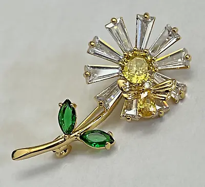 Daisy Rose  Flower Yellow Bee Crystal Glass Clear Rhinestones Brooch Pin Vintage • $19.34