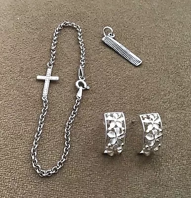 Vintage Estate Sterling Silver Jewelry Lot Earrings Cross Bracelet Comb Charm • $14.95