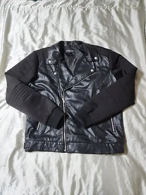 Men's Members Only Black Faux Leather Stretch Sleeves Biker Jacket Size Large • $30