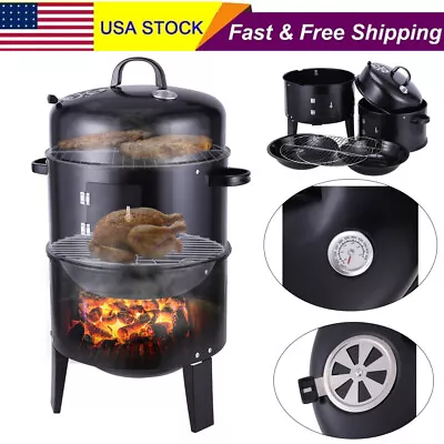 Charcoal Smoker BBQ Grill Vertical 3 In 1 BBQ Smoker Grill Portable Meat Cooker • $77.26