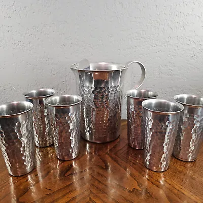 Mid-Century Italian Hammered Aluminum Pitcher & 6 Tumbler Cup Metal Serving Set  • $54.69