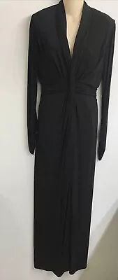 Melinda Eng Gown Black V-Neck Jersey Ruched Front V-Neck Long Sleeve/Slit 10 • $280