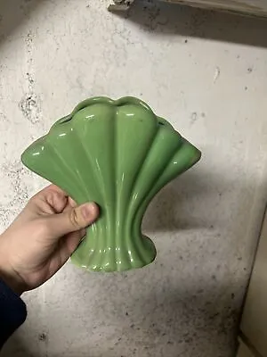 Art Deco Alamo Vitreous Pottery Green Model 733 Fan Vase • $38.99