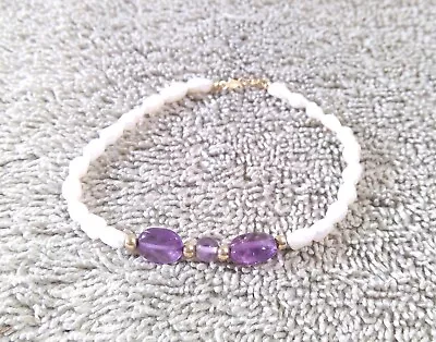 Vintage Oval Cultured Pearl Strand Purple Glass Beads 14K Clasp Bracelet 7 L • $21.99