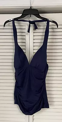 LA BLANCA Women's Navy Lined Stretch Shirred Halter Tankini Swimsuit Top 8 NWT • $18.97