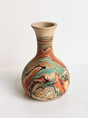 Vintage Nemadji Pottery Small Neck Vase Striking Orange Blue Swirl 6.2  • $38.88