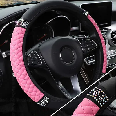 $18.10 • Buy Pink 38cm PU Leather Bling Diamond Rhinestones Crystal Car Steering Wheel Cover