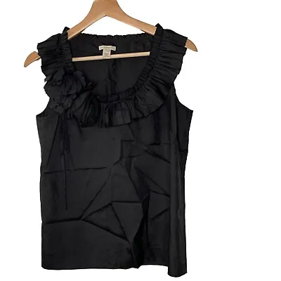 J. Crew Womens 100% Silk Black Ruffled Rosette Neckline Top Size 0 • $38