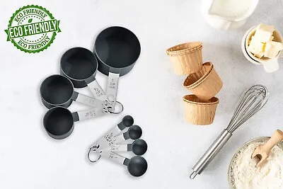 ECO-FRIENDLY Measuring Spoons And Cups Set Kitchen Gadget 8 Pieces S/ Steel • £6.75