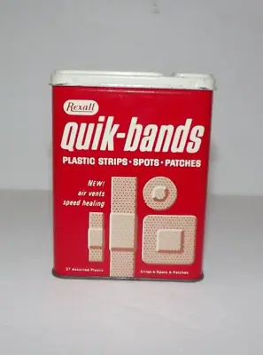 Vintage Rexall Quik-Bands Plastic Strip Band-Aid Metal Tin • $12.99