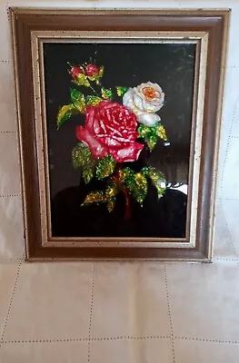 VTG Tinsel Foil Reverse Art Roses Signed Linda Bolognese  • $38