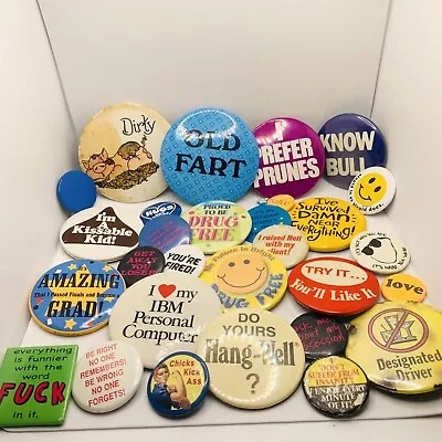 Collectible Vintage 80s/90s Lot Of Pin Buttons IBM Drug Free Sarcastic Sayings • $45.99